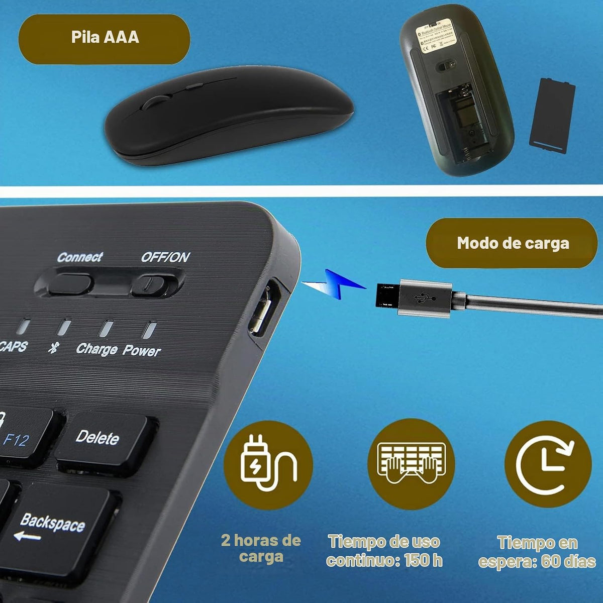 Juego de teclado y mouse inalámbrico slim, bluetooth, qwerty, color negro