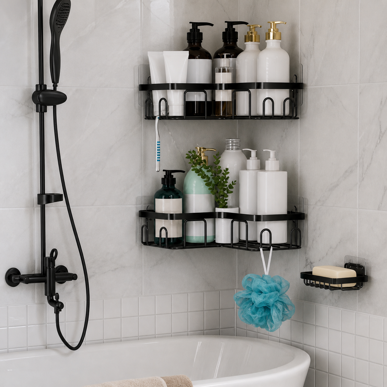 Set organizador de Baño y cocina (5 Piezas) – 2 Esquineros + Soportes Multifuncionales, Metal negro mate, Montaje en pared adhesivo