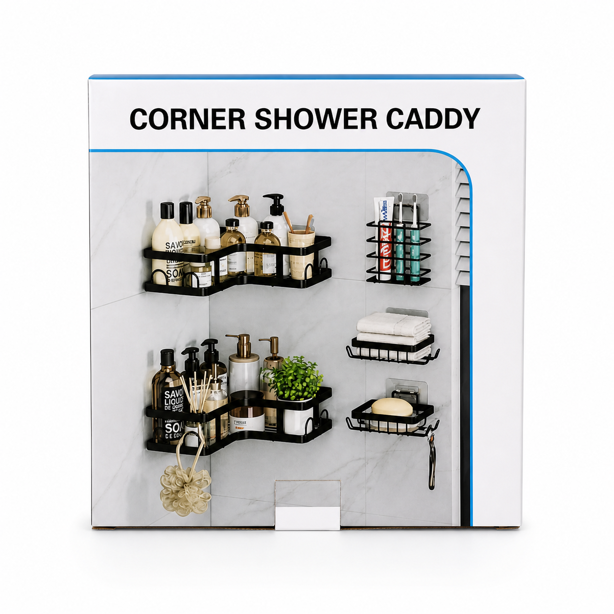 Set organizador de Baño y cocina (5 Piezas) – 2 Esquineros + Soportes Multifuncionales, Metal negro mate, Montaje en pared adhesivo