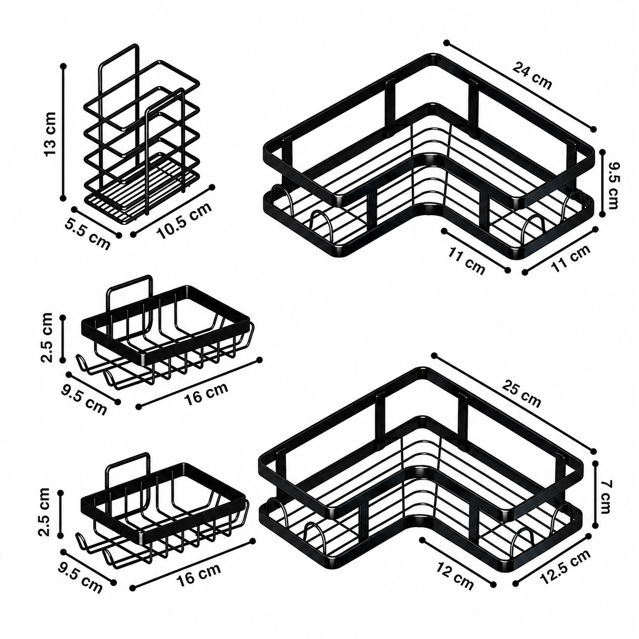 Set organizador de Baño y cocina (5 Piezas) – 2 Esquineros + Soportes Multifuncionales, Metal negro mate, Montaje en pared adhesivo