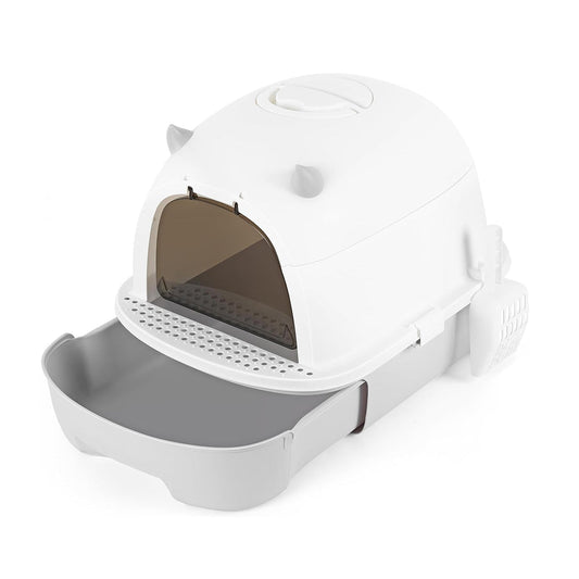 Arenero cerrado grande para gatos con bandeja y pala, diseño elegante