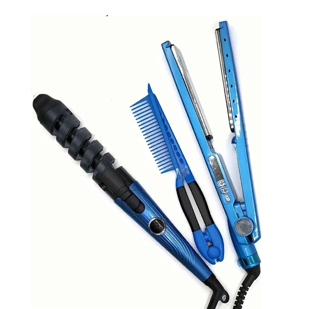 Set profesional Nano Titanium de plancha alisadora, rizador y peine, color azul