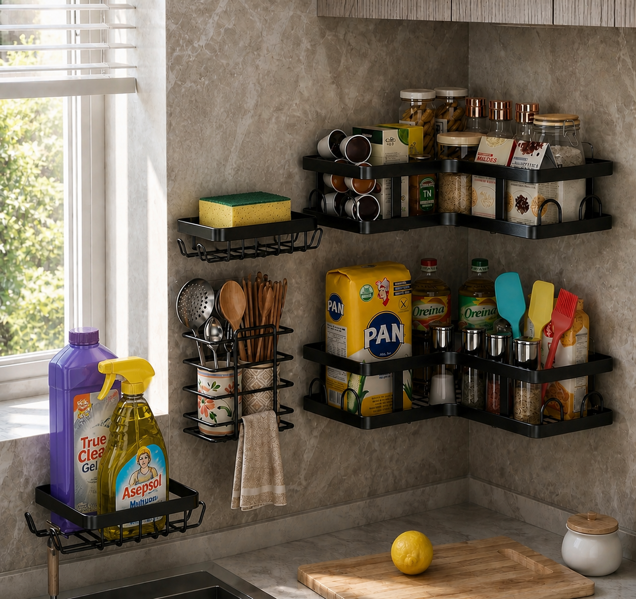 Set organizador de Baño y cocina (5 Piezas) – 2 Esquineros + Soportes Multifuncionales, Metal negro mate, Montaje en pared adhesivo