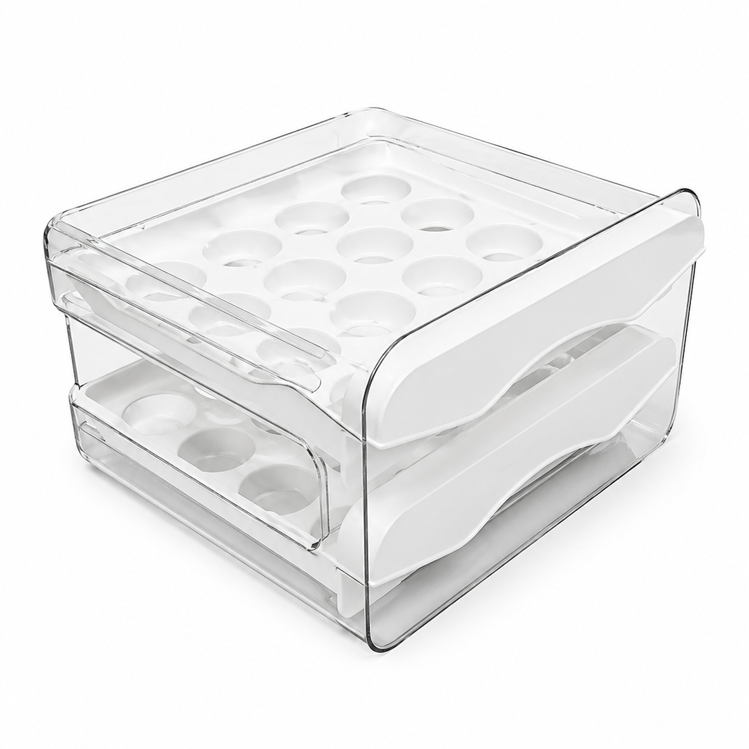Organizador de huevos para refrigerador, tipo cajón de 2 capas apilables, blanco (32 huevos)